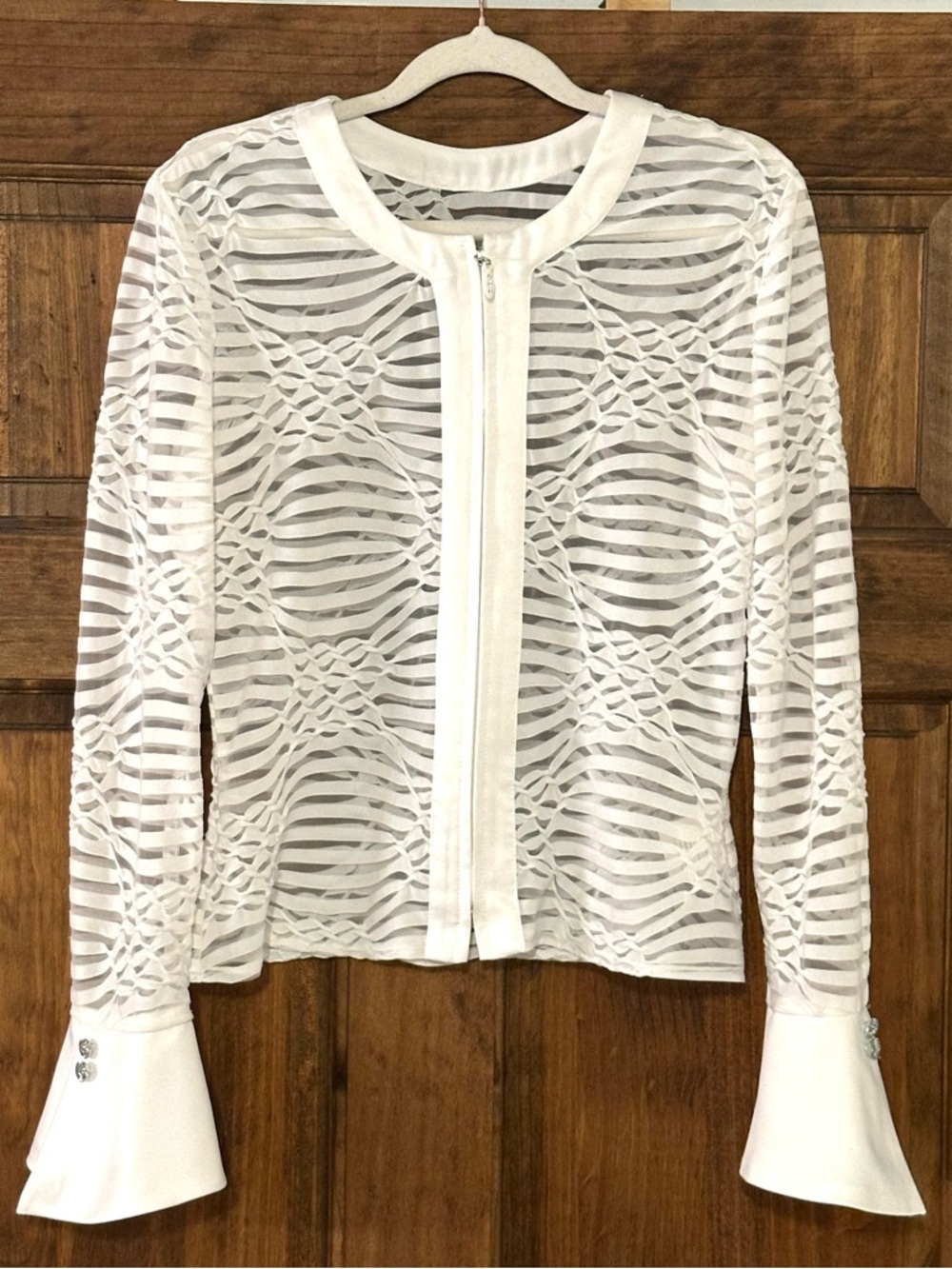 JS Collections White Sheer Textured Zip Jacket Bell Sleeve Made in Canada
